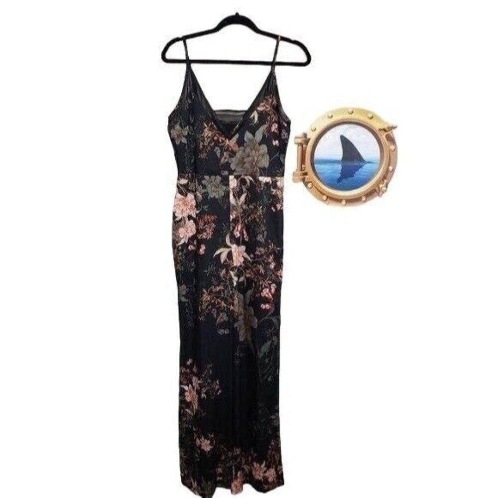 Anthropologie Adelyn Rae Rosanna Pink on Black Floral print‎ jumpsuit size L NEW